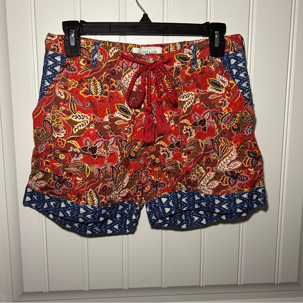 Sundance Kahlini Tasseled Paisley Bohemian Red Linen Blend Shorts Size XXS